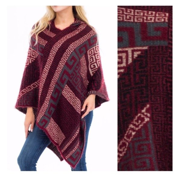 Geo Pattern Burgundy Hooded Boho Poncho - Picture 2 of 3